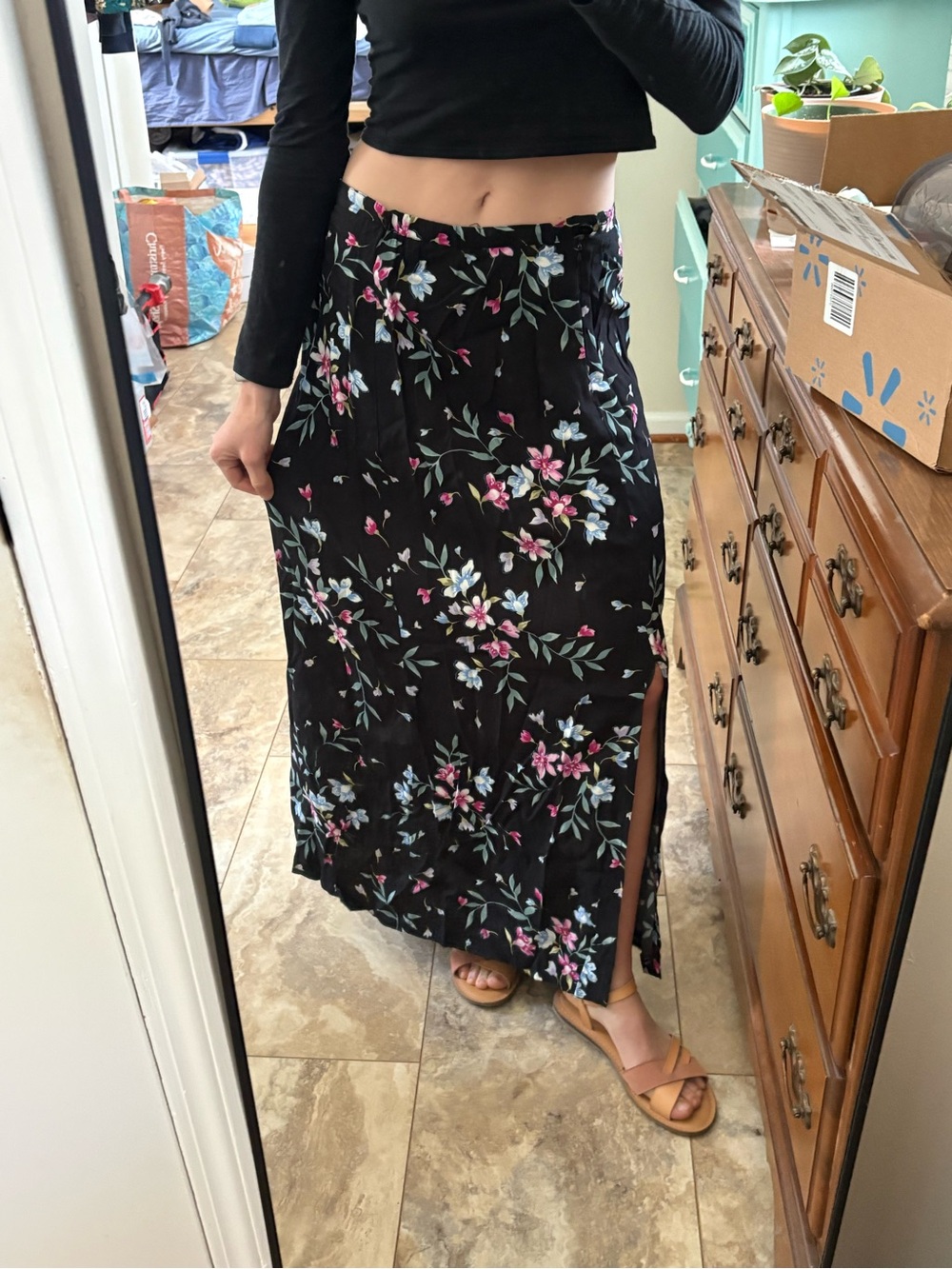 Vintage Laura Scott Floral Rayon Maxi Skirt 90s Y2K Side Split Size S